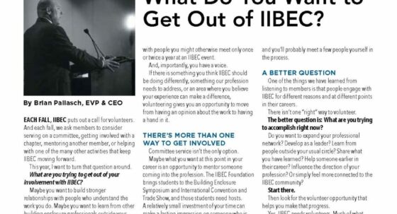 Three-column magazine article layout with a man speaking at a podium on the left and the headline 'What Do You Want to Get Out of IIBEC?' at the top right.