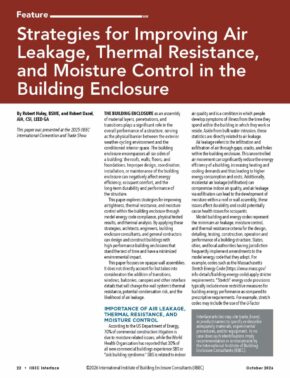 Feature article page header: 'Strategies for Improving Air Leakage, Thermal Resistance, and Moisture Control in the Building Enclosure' with author line and dense column text (IIBEC Oct 2026).