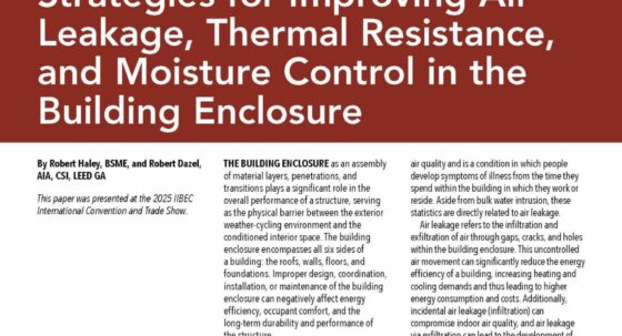 Feature article page header: 'Strategies for Improving Air Leakage, Thermal Resistance, and Moisture Control in the Building Enclosure' with author line and dense column text (IIBEC Oct 2026).