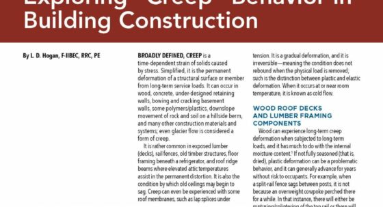 Feature article page about creep in building construction, with a bold red header, multi-column text, and a photo of a house roof at the bottom left.