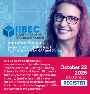 Portrait of Jennifer Keegan on a blueprint-style background with the IIBEC logo and the title 'Blueprints of an Enclosure Career'.
