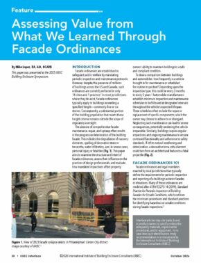 Magazine page header reads 'Assessing Value from What We Learned Through Facade Ordinances' with three-column article text and a photo of a building façade behind yellow caution tape.