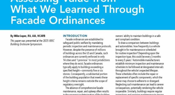 Magazine page header reads 'Assessing Value from What We Learned Through Facade Ordinances' with three-column article text and a photo of a building façade behind yellow caution tape.