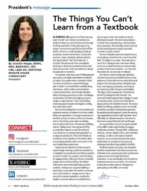 Magazine feature page: left column shows a portrait of Jennifer Hogan; right column displays the headline 'The Things You Can’t Learn from a Textbook' with a two-column article and social media icons (Instagram, Facebook, X, LinkedIn) at the bottom left.