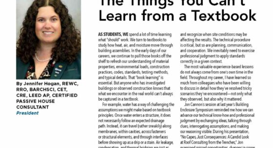 Magazine feature page: left column shows a portrait of Jennifer Hogan; right column displays the headline 'The Things You Can’t Learn from a Textbook' with a two-column article and social media icons (Instagram, Facebook, X, LinkedIn) at the bottom left.