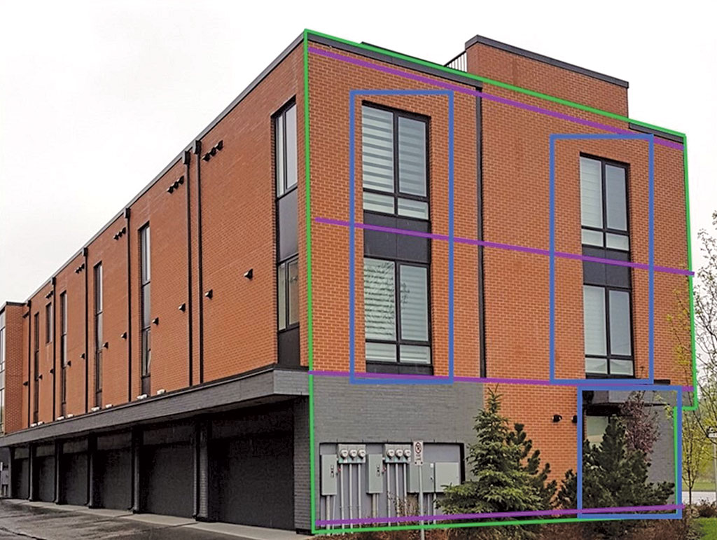 building with colored blocks drawn on it