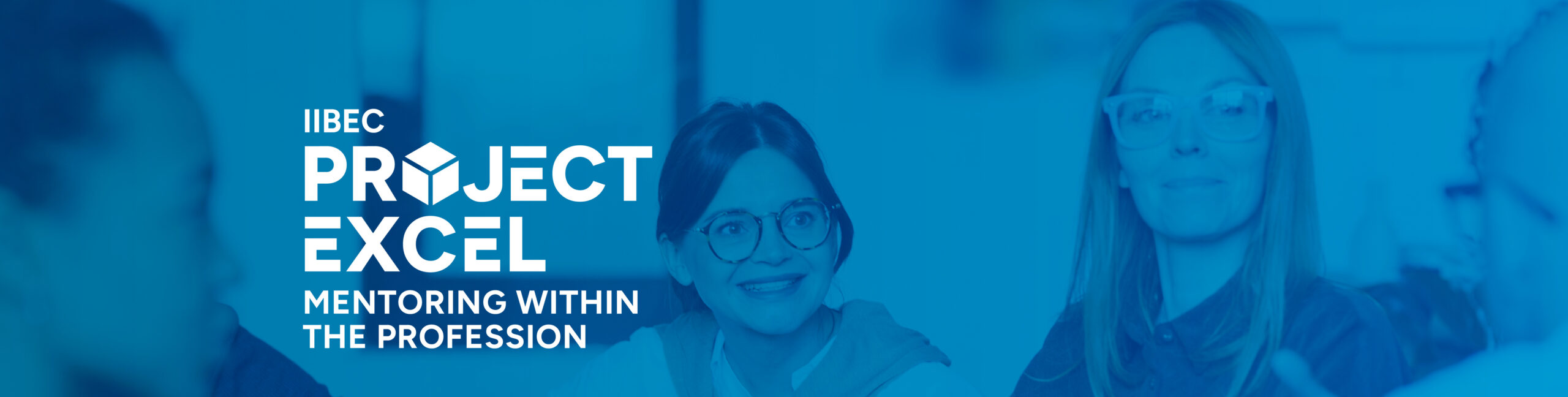 Blue banner with white IIBEC Project Excel - Mentoring within the Profession logo.