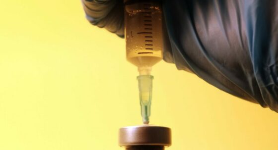 gloved hand holding bottle labeled coronavirus vaccine with syringe