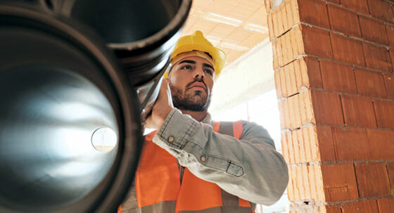 latino worker carrying pipes